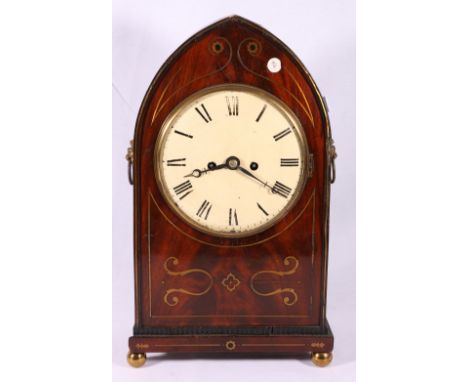 19th century brass inlaid mahogany lancet clock, with enamel Roman dial, the movement striking on a gong, unsigned, 50cm.