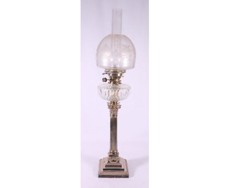 EP column oil lamp with cut glass reservoir and cut and etched glass shade, height to top of chimney 87cm.   CONDITION REPORT