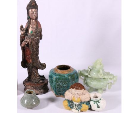 Group of oriental items to include green hardstone jade style censer, 17cm, square crackle glaze vase, carved wood figure of 