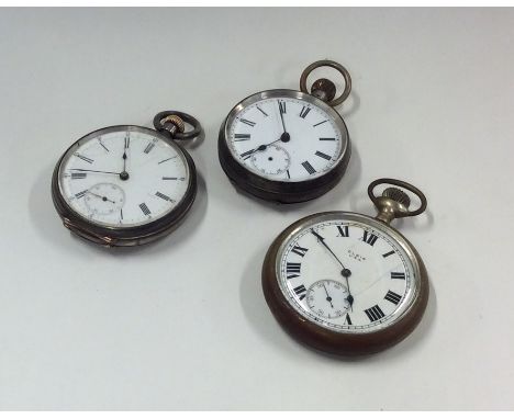 Two silver pocket watches together with a gilt example. Approx. 254 grams. Est. £30 - £40.