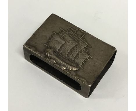 A Chinese silver match case mounted with a ship. Approx. 32 grams. Est. £40 - £50.