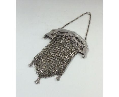 A Dutch silver mesh purse with hinged purse on suspension chain. Approx. 99 grams. Est. £100 - £150.