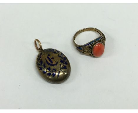 An oval gold and enamel locket together with an attractive silver gilt and coral filigree ring. Approx. 7.8 grams. Est. £50 -