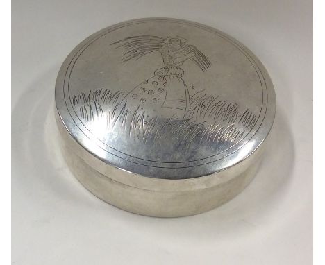 A circular silver dome top Chinese box engraved with a lady. Approx. 145 grams. Est. £50 - £80.