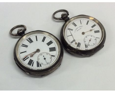 Two large silver open face pocket watches. Approx. 212 grams. Est. £60 - £80.