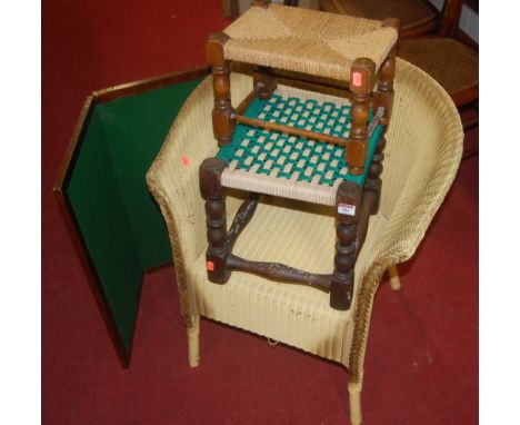 Oak string topped stool, one other, Lloyd Loom tub chair, and a baize card playing surface only (4)