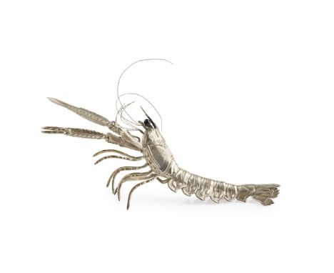 SPANISH SILVER ARTICULATED MODEL OF A LANGOUSTINE20TH CENTURY with dark glass eyes, articulated claws, legs and tail, hallmar