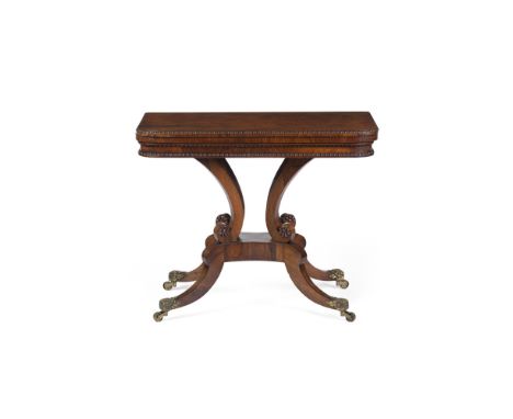 REGENCY STYLE ROSEWOOD CARD TABLE19TH CENTURY the D shaped fold-over top with a bead moulded edge, opening to a green baize p