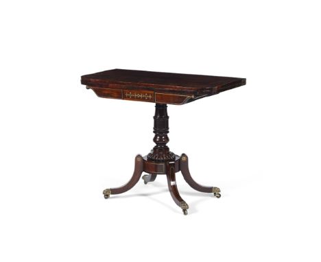 REGENCY ROSEWOOD AND BRASS INLAID CARD TABLEEARLY 19TH CENTURY the D shaped fold-over top with brass line and star inlay, ope