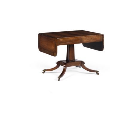 REGENCY ROSEWOOD BRASS INLAID SOFA TABLEEARLY 19TH CENTURY the rounded rectangular top with drop leaf ends with crossbanding 
