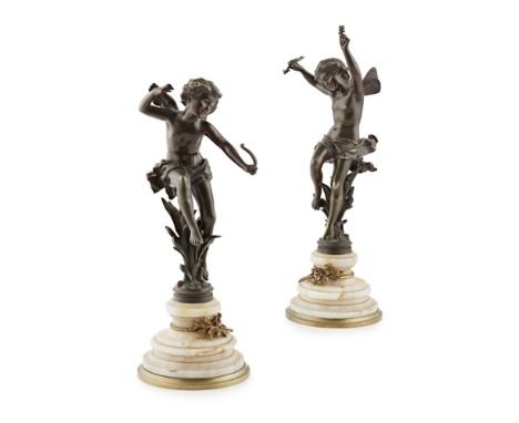 AFTER RANCOULET, PAIR OF BRONZE WINGED FIGURES19TH CENTURY dark brown patina, one holding a broken arrow, the other with a bo