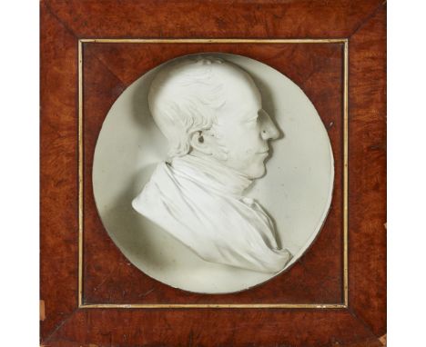 LARGE PAINTED PLASTER PROFILE OF A GENTLEMANEARLY 19TH CENTURY the circular portrait in high relief, in a glazed walnut case 