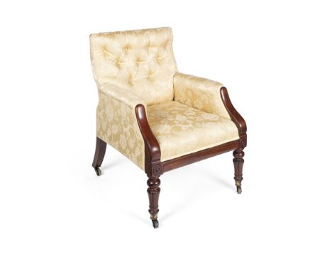 WILLIAM IV MAHOGANY LIBRARY ARMCHAIR19TH CENTURY the low square button upholstered back above a stuffover seat and enclosed p