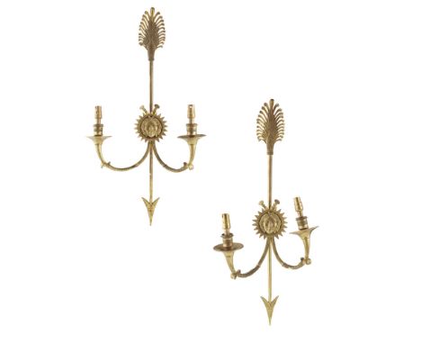 PAIR OF FRENCH EMPIRE STYLE GILT BRONZE WALL SCONCES19TH CENTURY with arrow formed uprights centred by mask roundels of Selen