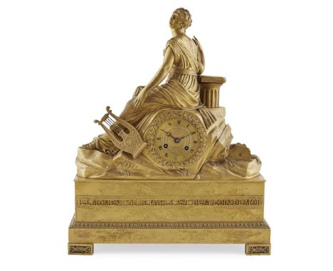 FRENCH GILT BRONZE FIGURAL MANTEL CLOCK19TH CENTURY surmounted by a seated lady in classical dress leaning on a column capita