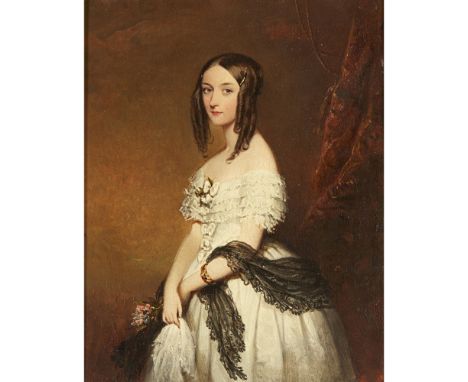 ATTRIBUTED TO SIR FRANCIS GRANTTHREE QUARTER LENGTH PORTRAIT OF A YOUNG LADY IN WHITE Oil on canvas38cm x 31cm (15in x 12in)