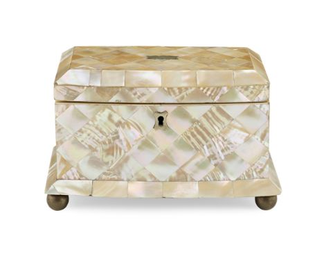 VICTORIAN MOTHER-OF-PEARL TEA CADDY19TH CENTURY of rectangular form with slightly bowed front, opening to two covered compart