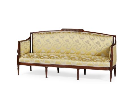 LATE GEORGE III MAHOGANY FRAMED SOFALATE 18TH CENTURY the slightly arched padded back above a stuffover seat flanked by enclo