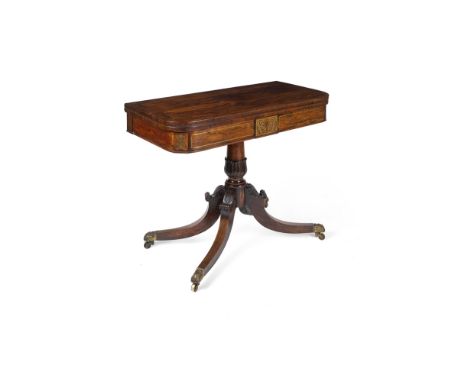 REGENCY ROSEWOOD BRASS INLAID CARD TABLEEARLY 19TH CENTURY the rounded rectangular fold-over top opening to a red baize playi