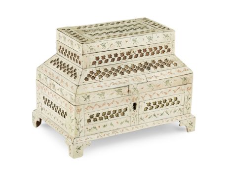 RUSSIAN BONE VENEERED TABLE CASKETPROBABLY ARKANGEL, 19TH CENTURY with upper and lower hinged compartments, veneered with car