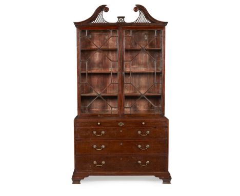 EARLY GEORGE III MAHOGANY BOOKCASE CABINET, IN THE MANNER OF THOMAS CHIPPENDALEMID 18TH CENTURY the pierced broken swan neck 