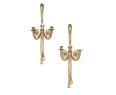PAIR OF NEOCLASSICAL BRASS WALL SCONCESEARLY 20TH CENTURY each backplate in the form of a tasselled sash issuing two scrollin