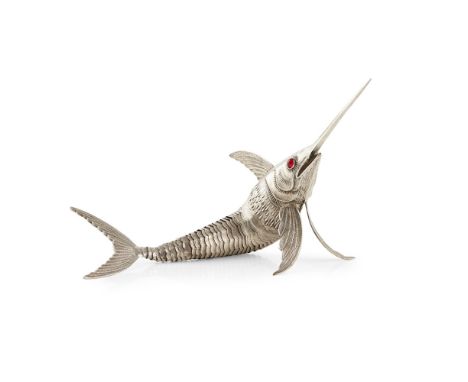 SPANISH SILVER ARTICULATED MODEL OF A SWORDFISH20TH CENTURY with red glass eyes, the tail articulated, with a pentagram hallm