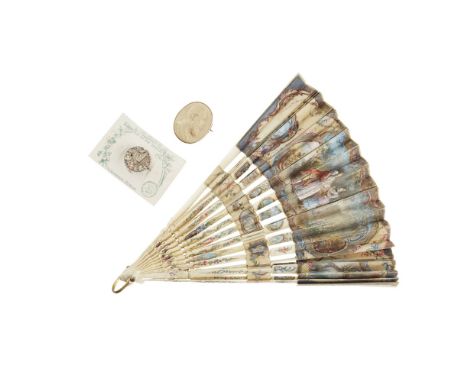 THREE OBJETS DE VERTU19TH CENTURY comprising a painted silk fan depicting figures and landscapes with cartouches, with painte