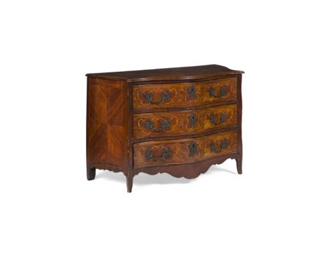 DUTCH MAHOGANY AND FRUITWOOD INLAID SERPENTINE COMMODE18TH CENTURY the top with a moulded edge above three long drawers outli