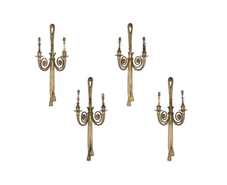 SET OF FOUR NEOCLASSICAL STYLE GILT METAL WALL SCONCES19TH CENTURY each backplate in the form of a tasselled sash issuing a p