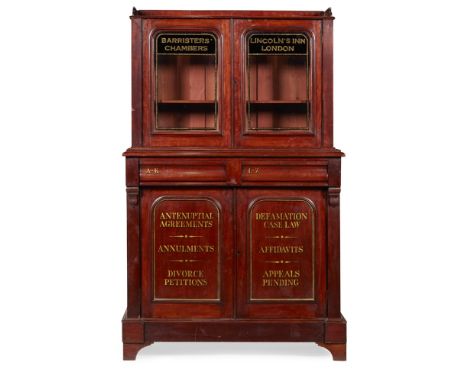 VICTORIAN MAHOGANY BARRISTER'S CABINETLATE 19TH CENTURY the three-gallery top above a pair of arched glazed doors with gilt l