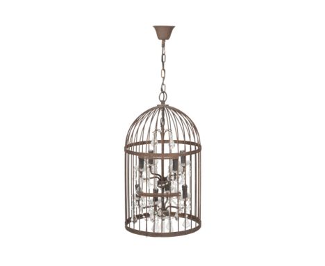 BRASS AND GLASS BIRDCAGE CEILING LIGHT20TH CENTURY, MADE UP of typical domed form, enclosing four outscrolling arms above a f