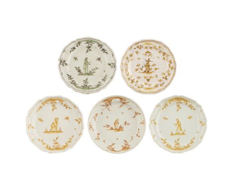 FIVE MONOCHROME FRENCH FAIENCE PLATES18TH CENTURY comprising a large green enamel example depicting a European lady, 29.5cm d