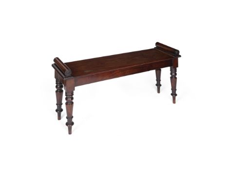LATE REGENCY MAHOGANY HALL BENCHEARLY 19TH CENTURY the long seat with roll ends above a plain frieze raised on turned legs108