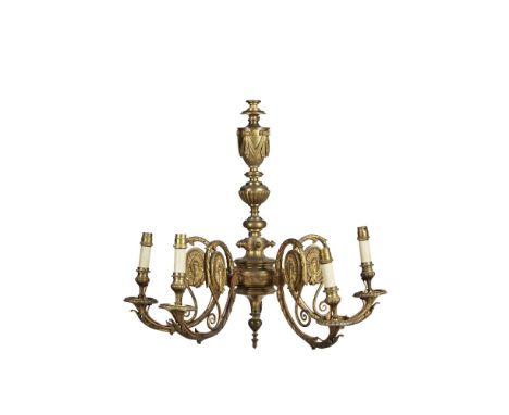 NEO-CLASSICAL BRASS FIVE BRANCH CHANDELIEREARLY 20TH CENTURY the central column with a draped urn above part reeded baluster,