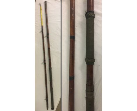 2 piece bamboo rope gripped Scarborough tunny fishing rod c1929. 10' 6" porcelain ring missing. 