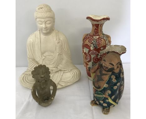 4 ceramic oriental pieces to include unusual Buddha posy vase.  