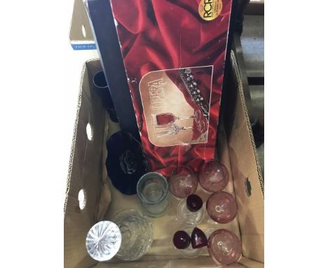 A box of assorted clear and coloured glass ware items. To include cut glass decanter and boxed sets of glasses. 