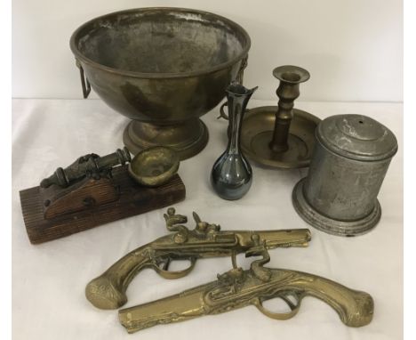 A collection of vintage metal ware items. To include brass candle stick, Grecian style bowl, JHS Denmark silver plated bud va