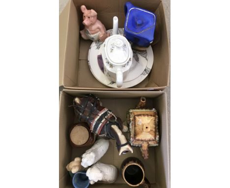 2 boxes of mixed ceramics. To include Poole pottery plates, Wade ceramic NatWest pig and a" Whistle for Your Beer" mug. 