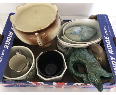 A box of assorted large ceramic items. To include planters, coasters and ornaments. 