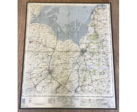 Framed Ordnance Survey map of Kings Lynn. Seventh Series 1963. Encapsulated in resin, mounted on board. 85cm x 71cm approx.