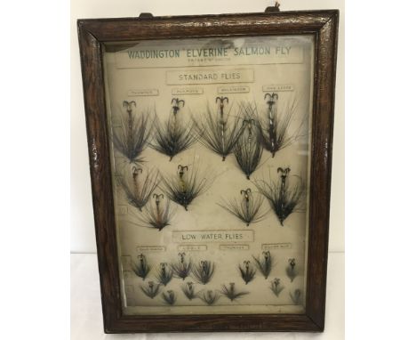 A framed and glazed fly collection entitled Waddington "Elverine" Salmon Fly. Comprising Standard flies; Thunder, Ackroyd, Wi