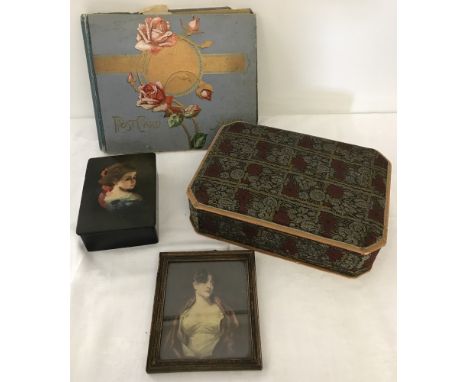A small collection of mixed item. To include A vintage postcard album and a black lacquer box  decorated with a portrait of a