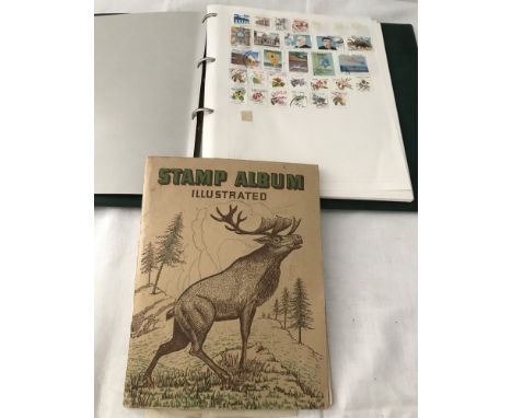 A green Avon stamp ring binder folder containing world stamps. Together with a vintage Stamp Album Illustrated containing wor