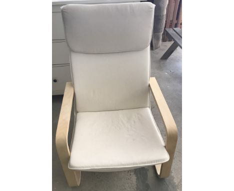 A modern light wood framed Ikea "Pello" arm chair. With cream canvas upholstery. 