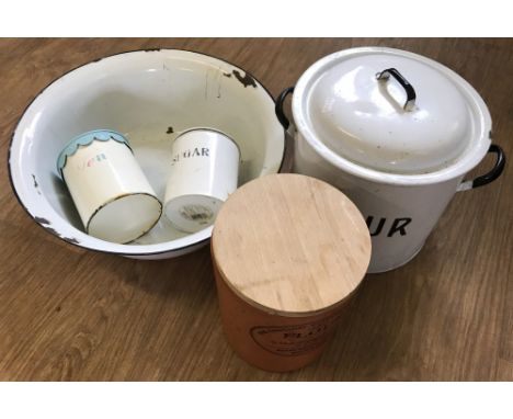 A collection of vintage kitchenalia items. To include enamel flour bin and sugar canister. 