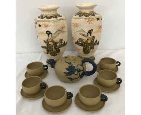 A collection of Oriental ceramics. Comprising pottery tea set (teapot with foliate decoration & squirrel knop, 6 cups and sau