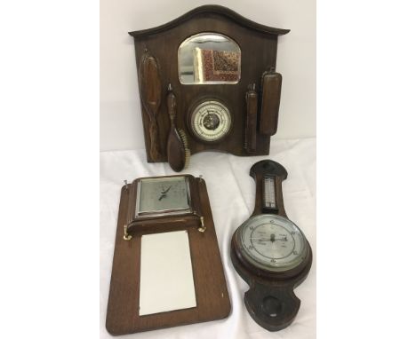 3 vintage wooden cased wall hanging barometers. One complete with brushes. 