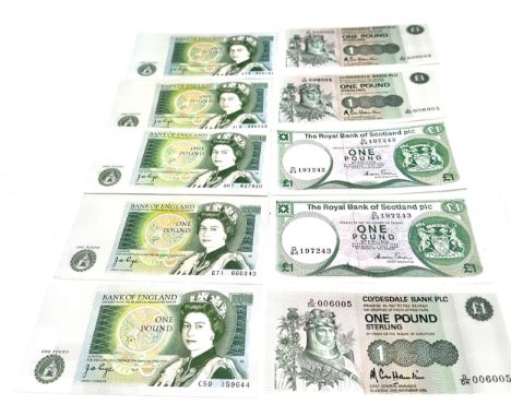 10 Vintage unc condition one pound notes inc scottish &amp; english notes 